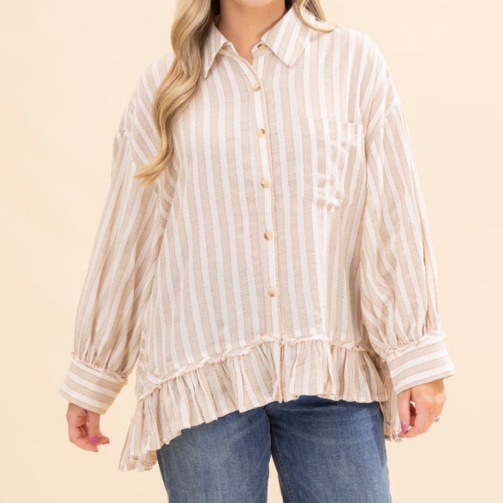 NWT Easel Beige Striped Button-Down Shirt
